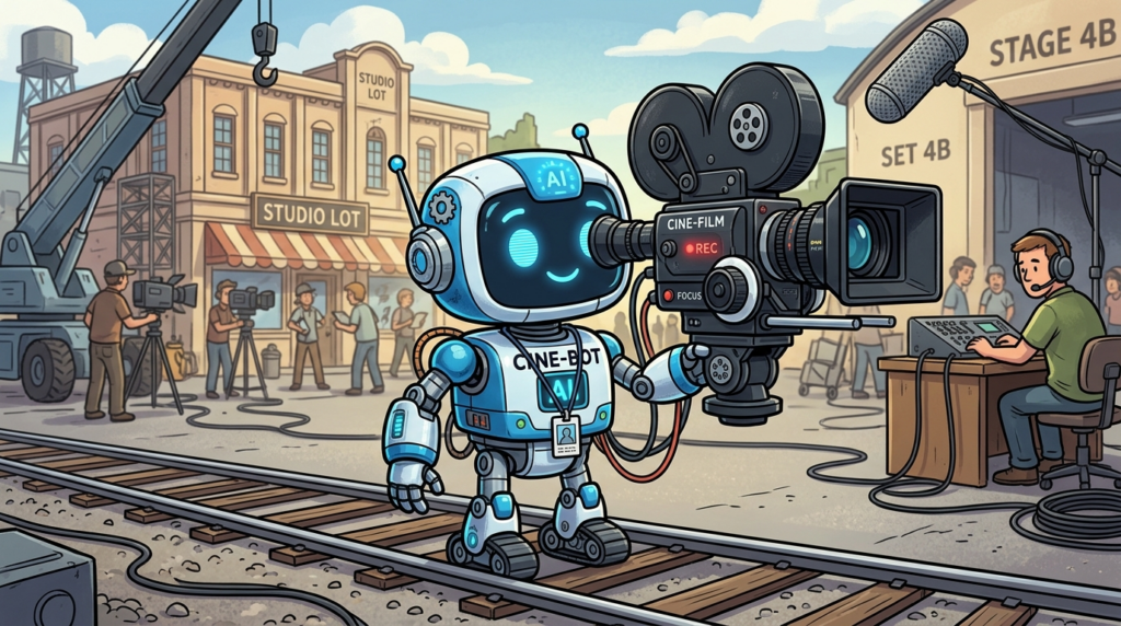 Cartoon van een futuristische AI-robot die een filmcamera vasthoudt, klaar om scènes op te nemen, met een vrolijke en kleurrijke stijl.