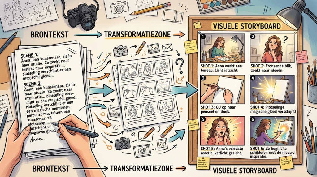 Een grafische weergave van een verhaal in storyboardvorm, met schetsen van scènes en tekstballonnen die het script visualiseren.